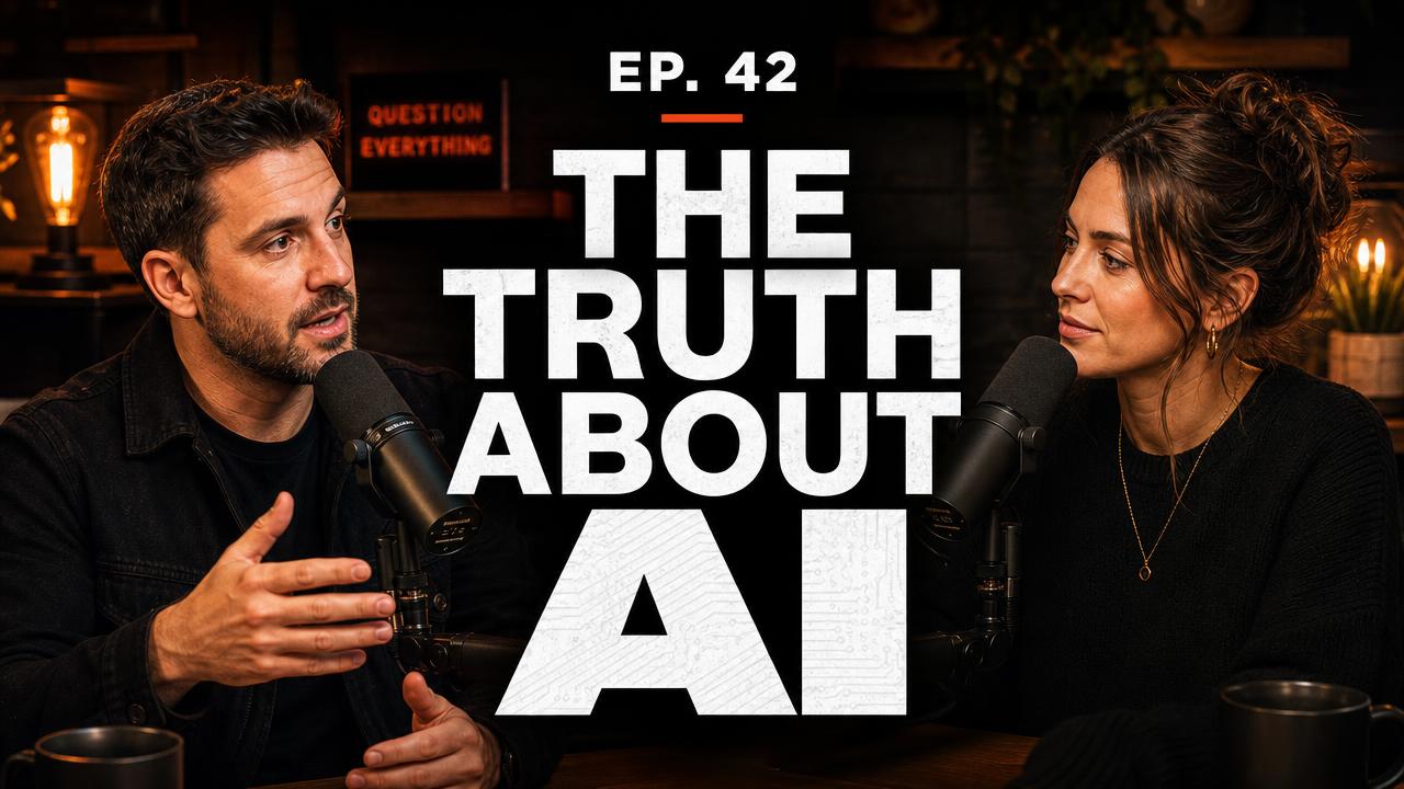 Podcast thumbnail of two hosts at microphones, The Truth About AI