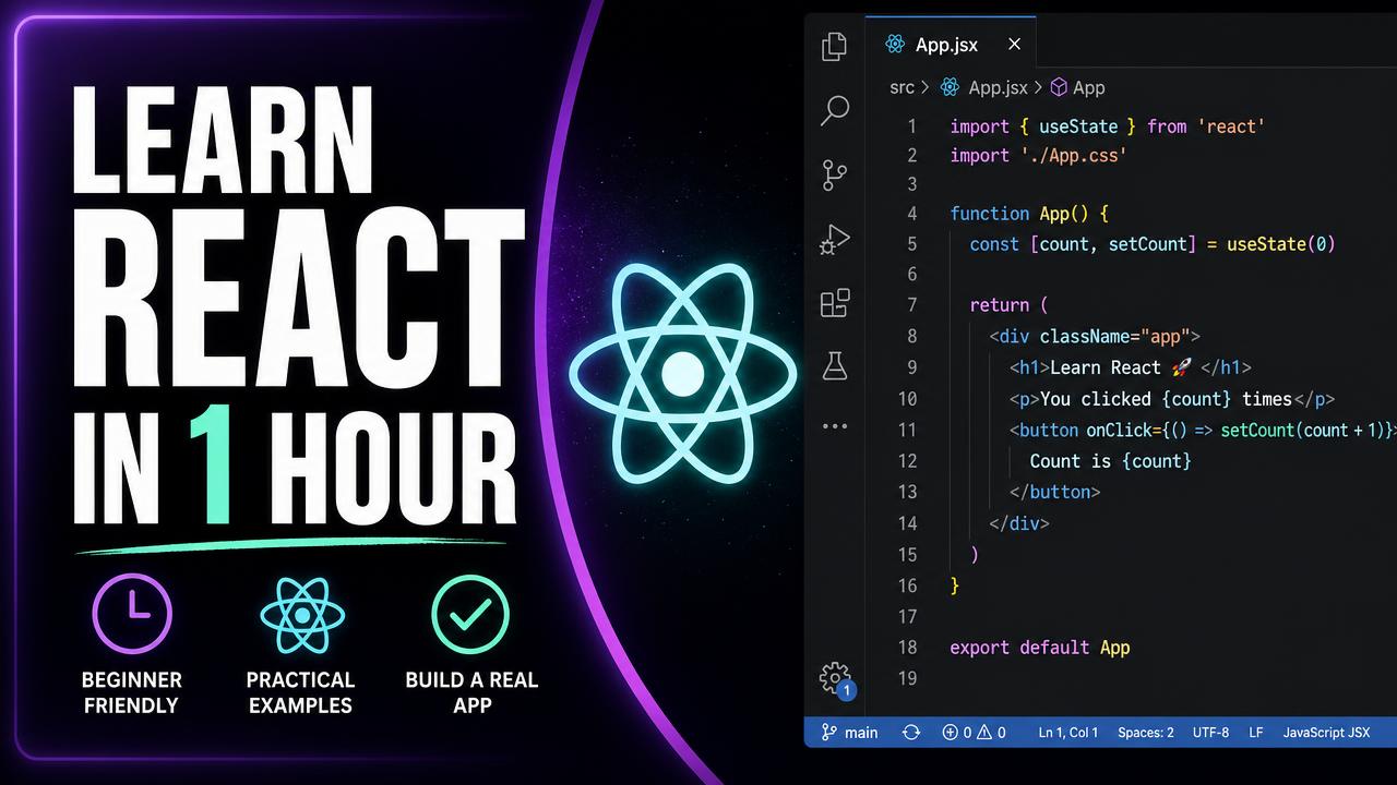 Coding tutorial thumbnail reading Learn React in 1 Hour