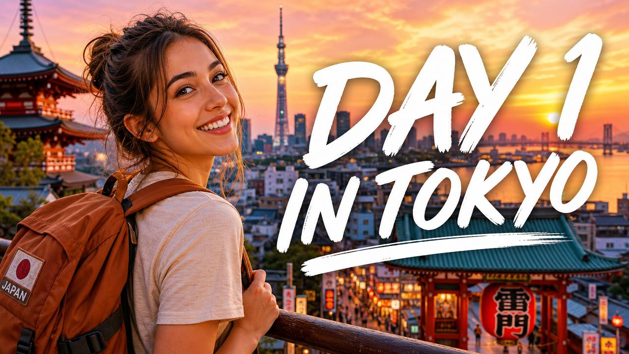 Travel vlog thumbnail with a creator in Tokyo at sunset